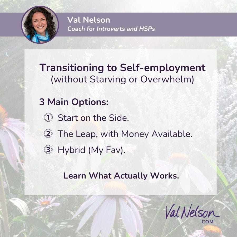Transitioning to Self-employment (without starving or overwhelm). 3 Main Options: 1) Start on the side. 2) Leap with Money Available. 3) Hybrid (My Fav). ValNelson.com Coach for Introverts and HSPs