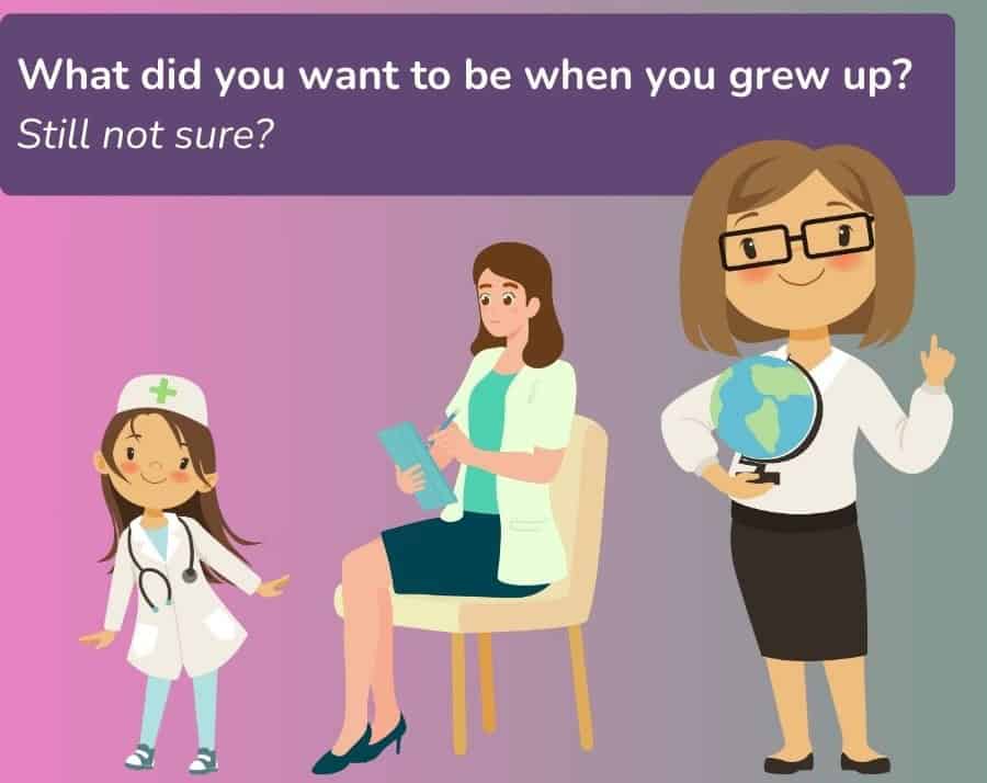 What did you want to be when you grew up? Still not sure? Cartoon image of 3 career ideas from childhood: nurse, therapist, teacher.