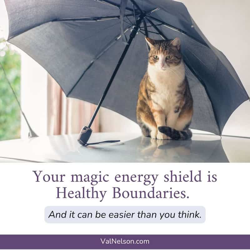 Your magic energy shield is Healthy Boundaries. And it can be easier than you think. ~Val Nelson. with image of cat under umbrella