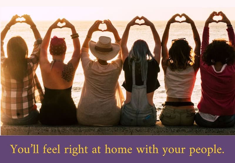 Group for highly sensitive extroverts. Image text: You'll feel right at home with your people. Image is 6 women in silhouette making hearts with their hands.