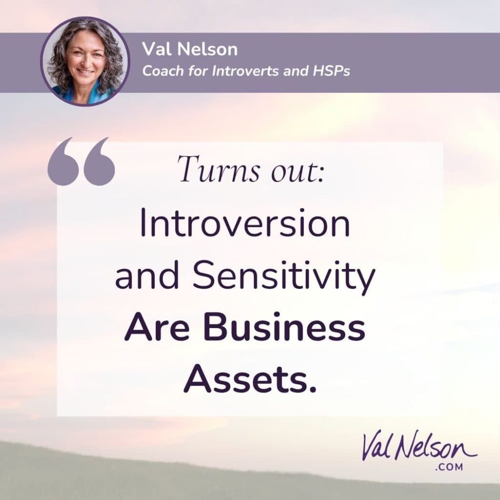 Val Nelson, Coach for Introverts and HSPs: "Turns out: Introversion and Sensitivity Are Business Assets." ValNelson.com, with image of Val and a soft lavender sky background.