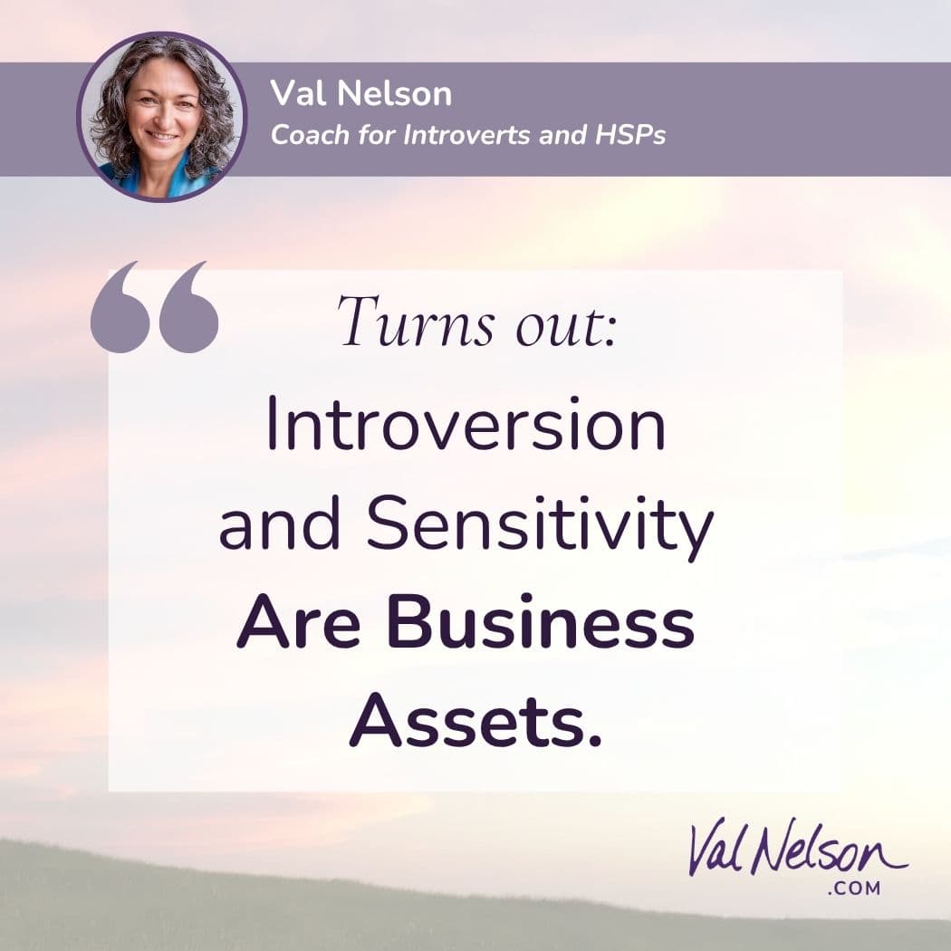 Val Nelson, Coach for Introverts and HSPs: "Turns out: Introversion and Sensitivity Are Business Assets." ValNelson.com, with image of Val and a soft lavender sky background.