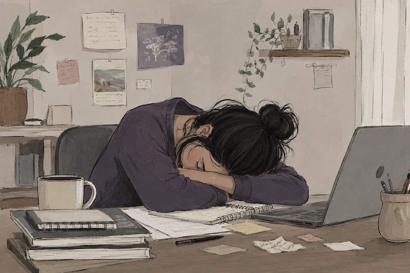 discouraged woman with head on her messy desk